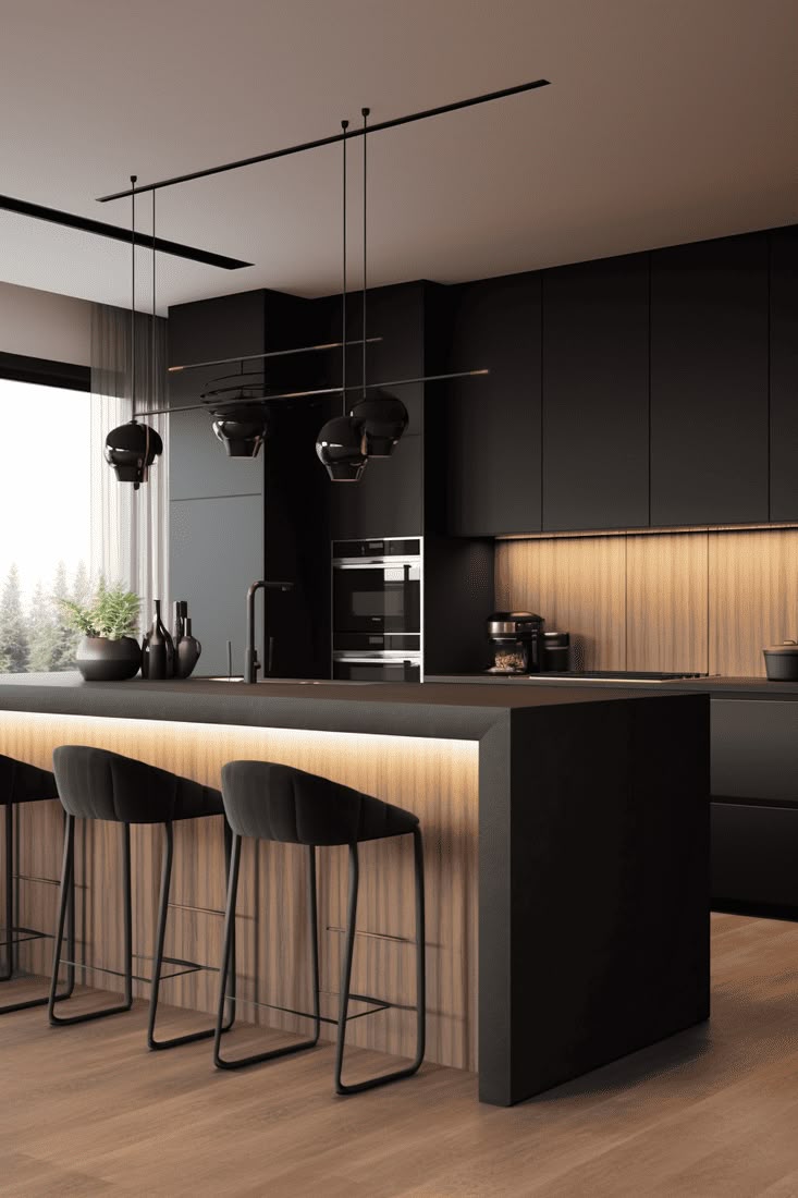 Kitchen with black worktops